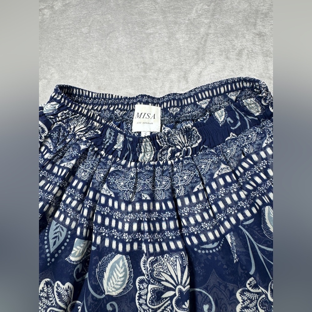 Misa Los Angeles Marion Navy Blue White Floral Paisley Ruffle Mini Skirt Small - Picture 2 of 12